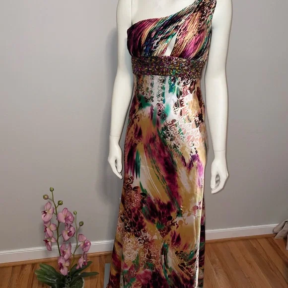 Cinderella Devine One Shoulder Embellished Evening Holiday Cocktail Maxi Dress - Picture 3 of 7